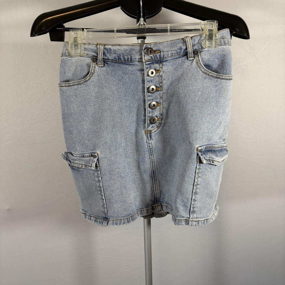 Womens Medium Cargo Denim Mini Skirt Cotton Skater Grunge Y2K Inspire Button Fly